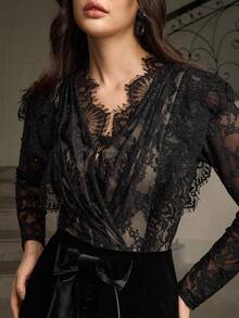 ZEYLAH Vestido maxi elegante con cuello en V, manga larga, parches de encaje y terciopelo, otoño/invierno - Negro - Ver 2