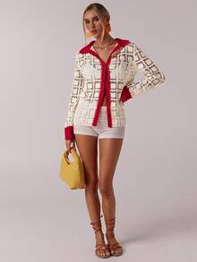 SHEIN Forever 21 休闲夏季茶会海滩度假秋冬季撞色滚边毛衣 - 紅色 - 查看 4