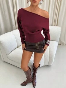 Aloruh Jersey marrón de ajuste ceñido con hombro asimétrico acanalado para mujer, para otoño/invierno