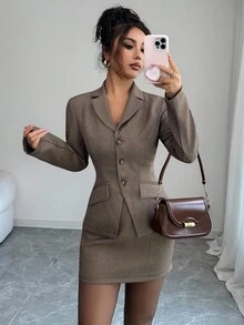 Elenzga Áo khoác blazer nữ dáng ôm thanh lịch, cổ điển, họa tiết kẻ caro, thường ngày - Nhiều màu - Xem 3