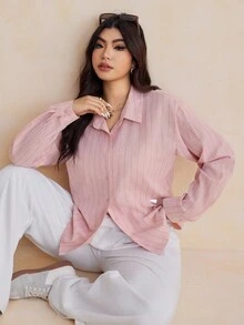 Dazy Plus 加大码宽松条纹翻领长袖粉色休闲衬衫秋季 - 粉色 - 查看 8