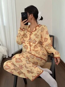 SHEIN Christmas Theme Snowflake Gingerbread Man Print Long Sleeve Top & Pants Casual Women Pajama Set, Fall Winter Clothes - Yellow - View 1