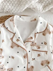 SHEIN Baby Girls/Boys Soft & Comfortable Milk Silk Fabric Romper, Cute Cartoon Bear, Leaf, Star Print, Brown Contrast Trim, Classic Lapel Collar Long Sleeve Jumpsuit, Casual Loungewear Baby Clothes Baby Pajamas Newborn Clothes Cotton Newborn Pajamas Baby Pj Set Fall Winter - Apricot - View 4