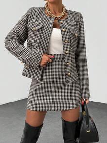 EURMUSE Bộ vest và chân váy họa tiết Houndstooth dành cho nữ – Bộ vest thanh lịch hai mảnh đính cúc vàng - màu nâu - Xem 2