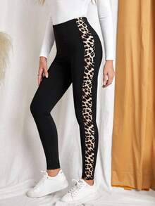 SHEIN Teen Girl Black Leopard Pattern Patchwork Casual Knit Leggings
