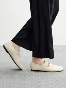 CUCCOO BIZCHIC New Lacquered Square Toe Flat Shoes For Office Commute, Spring/Autumn - Beige - View 3