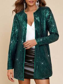 Amorya Women's Casual Sequin Decorated Long Sleeve Lightweight Jacket In Fall/Winter - Dark Green - View 5