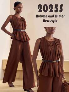 Zivah Summer Chic Dark Brown 2-Piece Set:Sleeveless Pleated A-Line Top & Wide Leg Pants,Brunch,Vacation,Beach,Cruise Travel,Streetwear Boho Outfit For Women - Brown - View 5