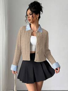 Chiquease Blogger-Inspired 2 In 1 Patchwork Knit Cropped Cardigan,Light Blue,Autumn,Elegant,School,Back-To-School European American Style Cable Ribbed Cardigan - Khaki - View 4