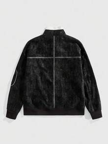ROMWE MEN Street Life Chaqueta con cremallera delantera y hombros caídos con forro de piel sintética para hombre, otoño/invierno - Negro - Ver 8
