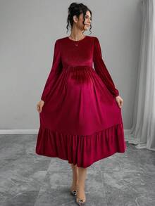 Momance Maternity Long Sleeve Round Neck A-Line Hem Velvet Dress - Burgundy - View 4