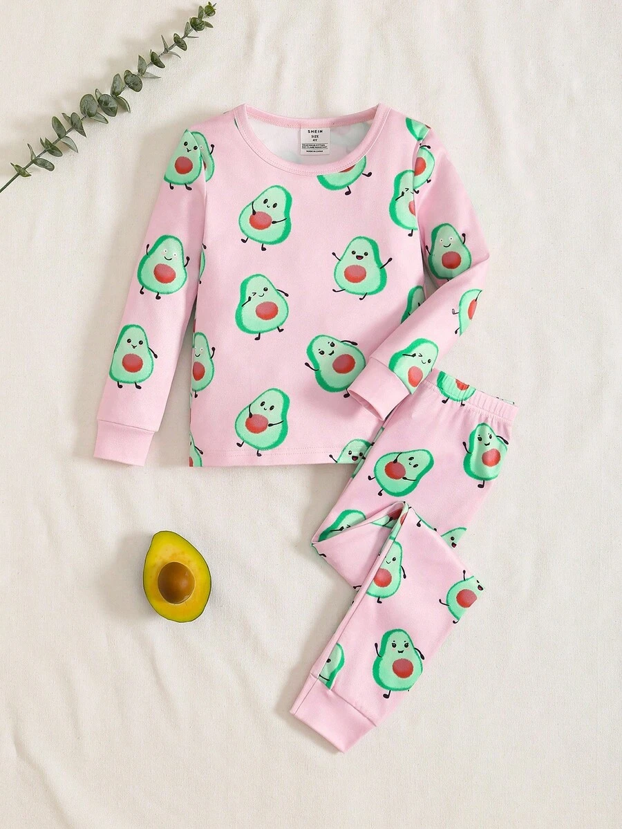 小女孩牛油果印花长袖紧身裤和裤子两件套，面料舒适柔软，适合儿童休闲穿着 - 粉色 - 查看 1