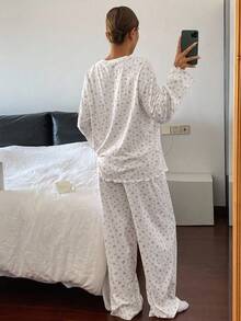 DAZY 碎花宽松舒适女士睡衣套装，秋冬服装 - 灰色 - 查看 2