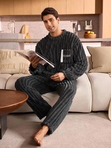 男士抓绒圆领口袋卫衣裤睡衣套装，秋冬装，蓬松舒适