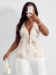 SHEIN PETITE CURVE Top sin mangas con cuello halter y lazo en la espalda, de estilo casual y versátil para el verano para mujeres - Multicolor - Ver 7