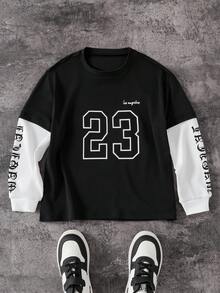 PAVTROS 1 件男童字母和数字拼色长袖 T 恤，运动球衣款式，适合秋冬季、运动、户外、学校