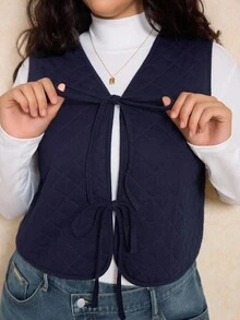 Elaquor Plus Size Dark Blue Denim Quilted Vest Jacket Winter Thermal Lined Jacket Casual Warm Wear Bow Tie Casual Jacket - Dark Wash - View 5