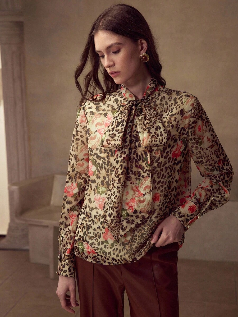 MOTF PREMIUM WOMEN'S VINTAGE LEOPARD PRINT ELEGANT LONG SLEEVE BLOUSE, AUTUMN - Brown - View 2