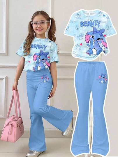SHEIN Leap Crew 可爱卡通蓝色兔子露露，针迹图案，清新海洋蓝扎染，少女休闲宽松圆领短袖T恤和喇叭裤两件套，夏季服装，轻松舒适，儿童秋季分层，时尚儿童，休闲装，儿童图案服装，返校，秋季服装，返校节，别致秋季，秋季新款