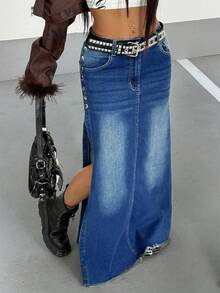 StreetHx Falda larga de mezclilla con abertura de moda para mujer, color azul