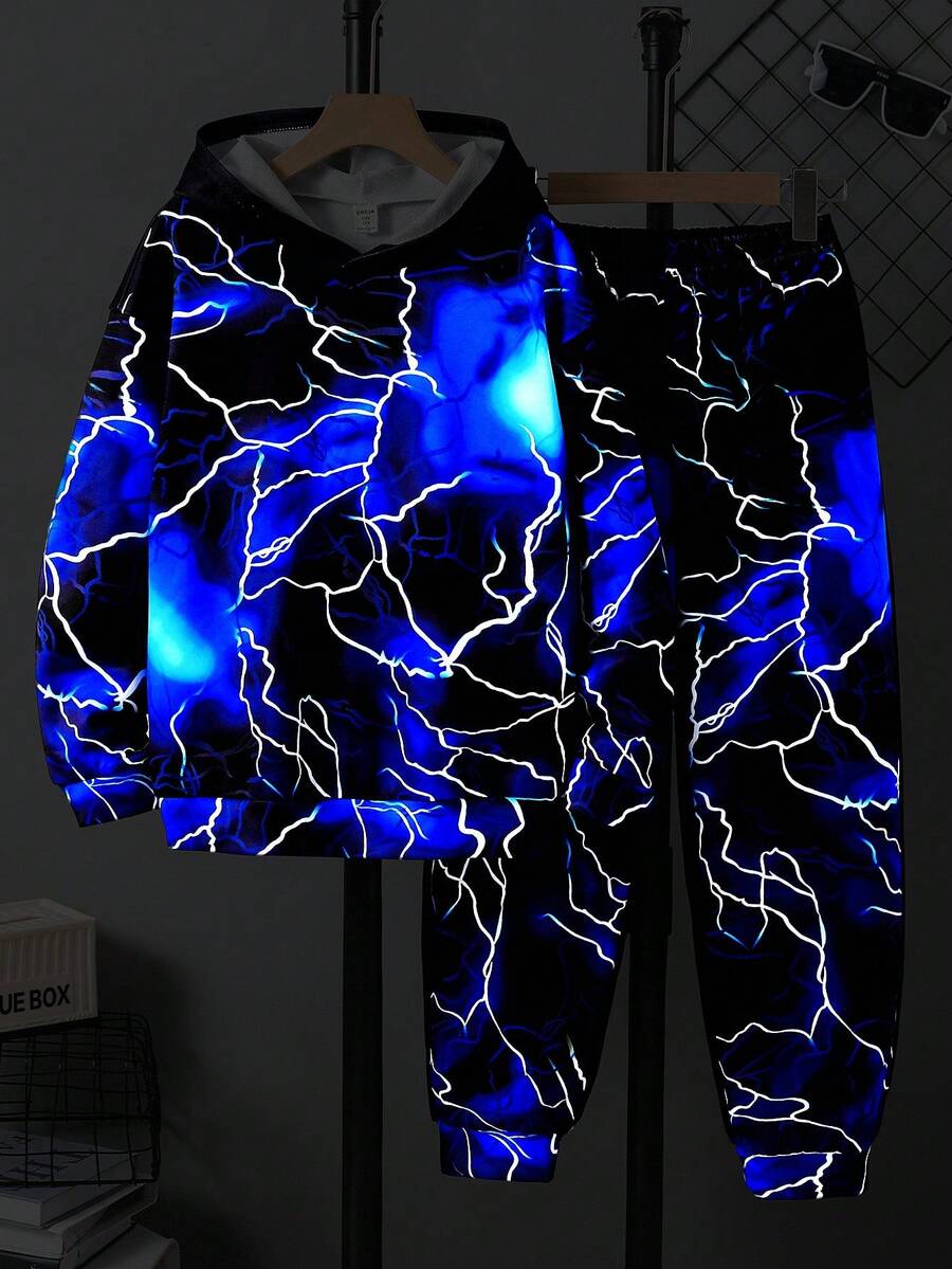 SHEIN 2 件青少年男孩休闲街头时尚夜光连帽衫和运动裤套装，适合通勤、上学、日常休闲装、运动、秋冬 - 藍色 - 查看 1