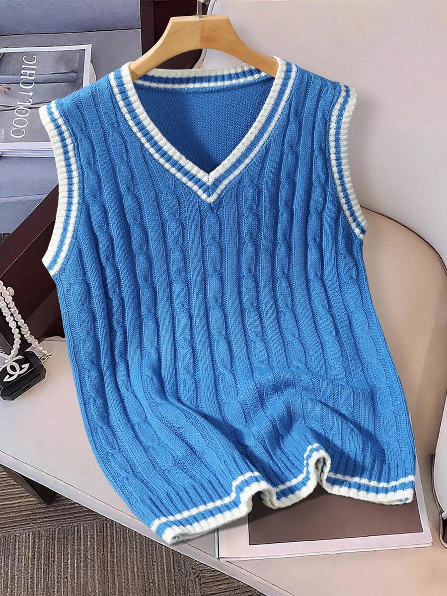 Manfinity Hypemode Áo len dệt kim sọc tương phản cho nam, thu đông - Màu xanh lam - Xem 1