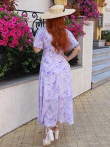 Gretanique 女士雪纺蝴蝶印花蝙蝠袖抽绳甜美法式迷你连衣裙，夏季 - 淡紫色 - 查看 2