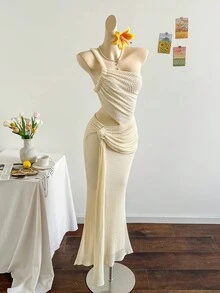 Soleia 女式纯色无袖腰部镂空褶饰性感连衣裙 - 杏色 - 查看 7