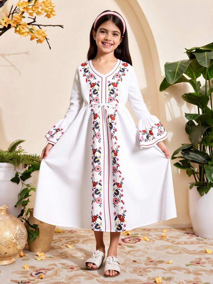 少女花卉印花灯笼袖 V 领束腰长裙