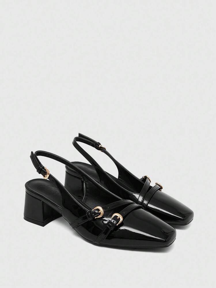 CUCCOO BIZCHIC Women's Classic Chunky Heel Square Toe Slingback Pumps, Black, Versatile For Daily Wear, Commuting, Shopping, Office Spring Shoes