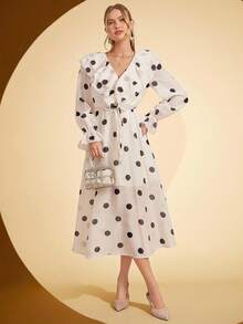 Amorya Robe longue vintage élégante à col V, volants et taille à pois, coupe évasée. Convient pour les sorties et de multiples occasions, automne - Multicolore - Voir 4