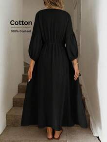 Easowa Sukienka damska długa, luźna, do pracy w stylu vintage, z dekoltem w serek, wiązaniem w talii i kokardą, z rozszerzanymi rękawami i plisowaną talią w kształcie litery A, z podwójną warstwą krepy, z bawełny pochodzenia naturalnego