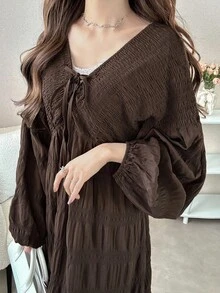 FRIFUL Đầm dài nữ màu nâu, chất liệu vải có họa tiết, thắt eo bằng dây rút, thích hợp cho mùa thu, mặc ngoài trời. - màu nâu - Xem 7