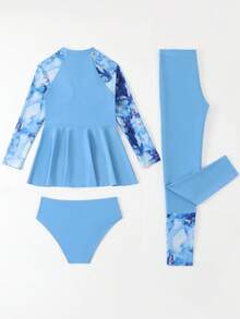 Tween 女童夏季海滩扎染印花高领长袖上衣 + 纯色比基尼泳裤 + 扎染印花裤 3 件套比基尼泳装套装 - 彩色 - 查看 2