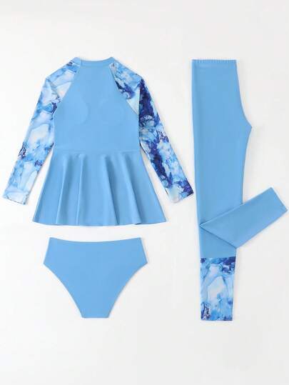 Tween 女童夏季海滩扎染印花高领长袖上衣 + 纯色比基尼泳裤 + 扎染印花裤 3 件套比基尼泳装套装