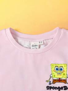 SpongeBob SquarePants | SHEIN 少女可爱卡通图案针织圆领宽松粉色短袖T恤 - 粉色 - 查看 3