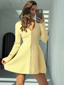 Aloruh Women's Pale Yellow Autumn Elegant Everyday Long-Sleeved Deep V-Neck Knitted Sweater Dress,Slim Fit Cream Yellow New Year Winter Wear - Navy Blue - View 2