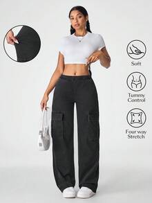 Flexra 女式松紧腰工装口袋阔腿宽松休闲牛仔裤 - 黑色 - 查看 2