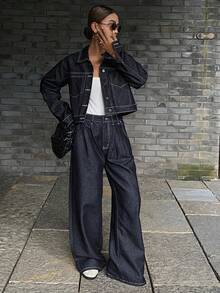 DAZY Women's Casual Long Sleeve Jacket And Wide Leg Jeans Suit, Autumn - Navy Blue - View 4