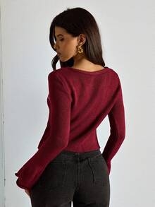 SHEIN BAE 女式简约常规喇叭袖圆领毛衣上衣 - 酒紅色 - 查看 3