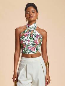 Travachic 热带印花露背短款上衣，休闲度假装，休闲女装风格，秋季女装，时尚秋季装，外出装，优雅，乡村风格女装，国庆节，新年，奢华优雅毕业季 - 彩色 - 查看 4