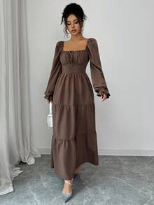 Rafferiza Almamuse 女士优雅休闲方领短款泡泡袖纯色长款吊带连衣裙，适合春秋季日常休闲、度假和婚礼，休闲可爱性感西式服装，完美适合乡村音乐会服装 - 咖啡棕 - 查看 5