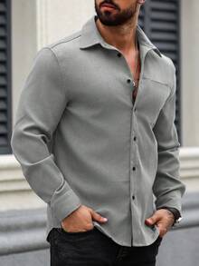 Manfinity Homme 男士休閒百搭通勤純色長袖襯衫 男士休閒正裝襯衫 男士灰色襯衫，秋季，正式 - 淺灰色 - 查看 6