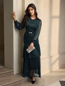 ZEYLAH Elegant Twist Neck Ruched Waist Dress - Black - View 6