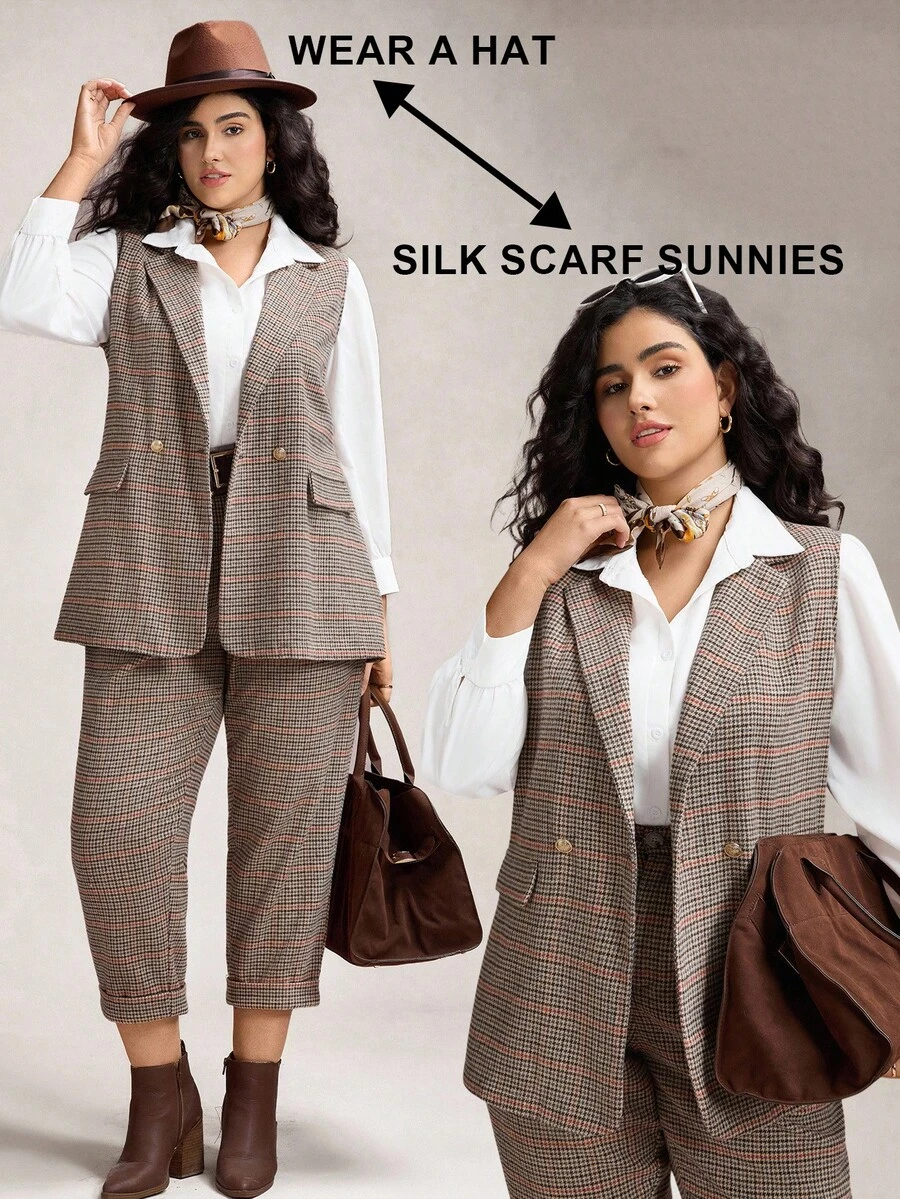 Zelara 2 pièces Ensemble veste sans manches et pantalon jacquard pied-de-poule grande taille pour femmes