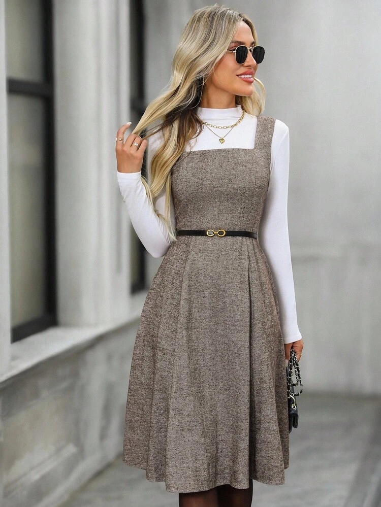 Casual Minimalist Waist Cinched Sleeveless Midi Dress For Women