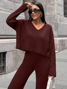 EURMUSE Cotton Women's Simple Solid Color Wide Ribbed Knit Two Pieces Set For Daily Wear - Brown - View 6