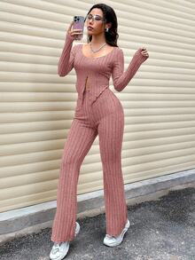 SHEIN Unity 女款純色極簡日常穿搭圓領長袖上衣與長褲兩件套 - 乾枯玫瑰色 - 查看 6