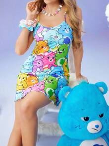 SweetSlumber X Carebears 女式可爱卡通熊全身印花生菜边修身吊带睡裙，夏季 - 彩色 - 查看 6