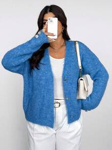 Vionelle Plus Size V-Neck Loose Knit Cardigan, Solid Color, Casual, Versatile, Elegant Sweater Top Winter Fall Autumn - Blue - View 5